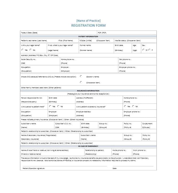 Patient Registration Form Sample HQ Printable Documents